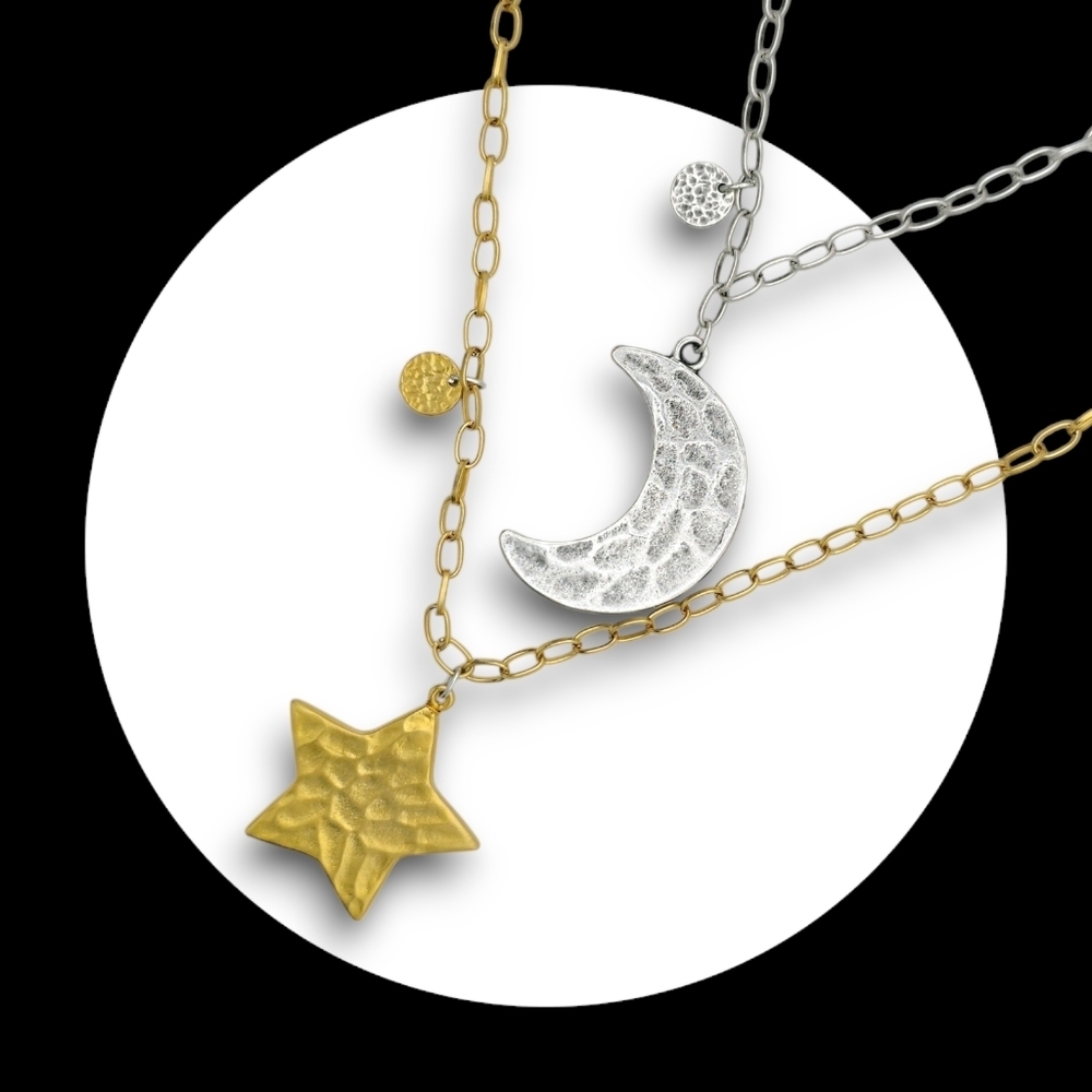 Mixed Metal Celestial Necklace Bracelet Earrings Set 18K Gold Silver Turkish - Picture 5 of 10